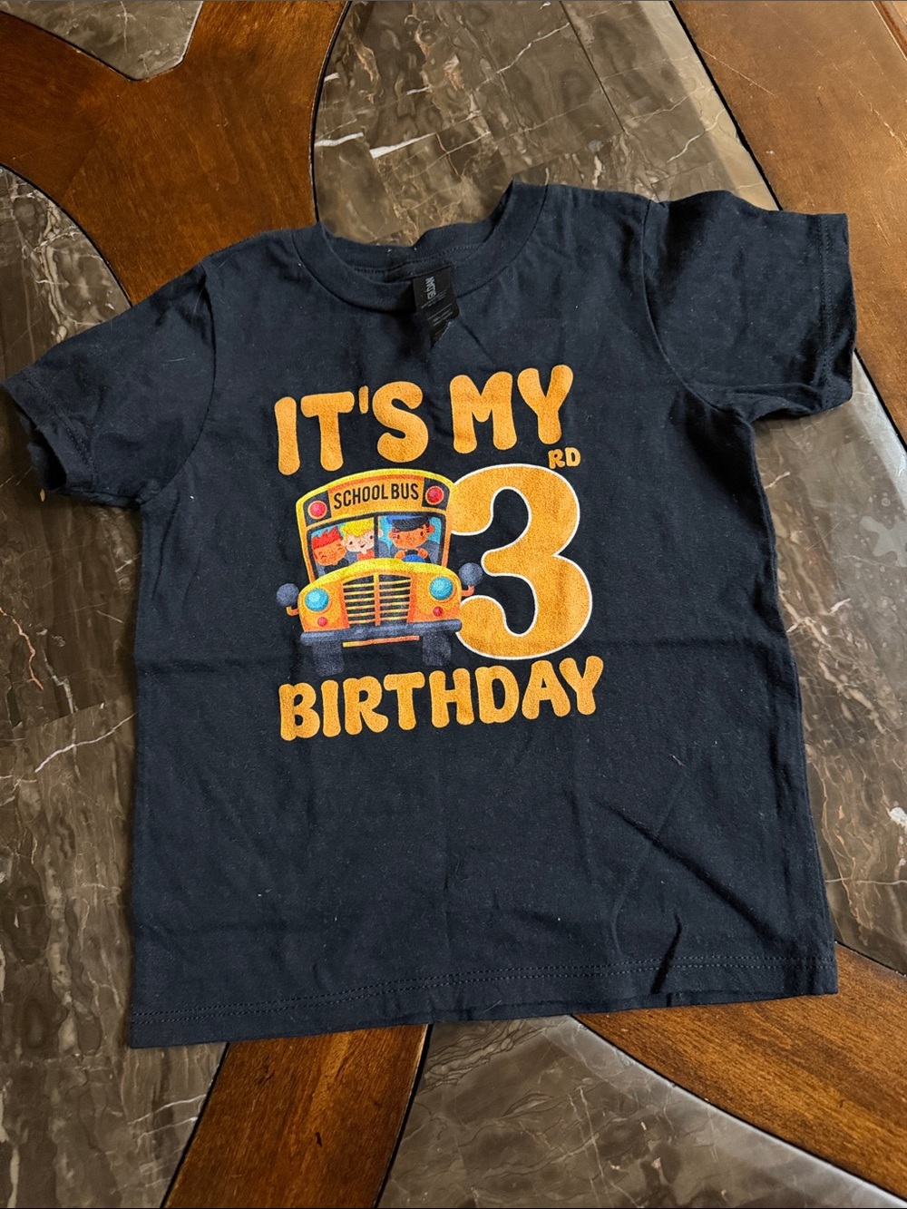 Gildan Navy Kids' Birthday Tee with Yellow School Bus & Orange Number 3